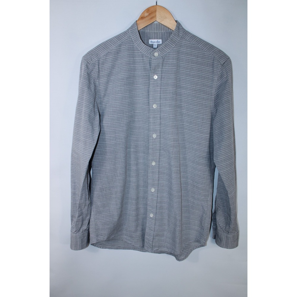 Steven Alan Men's Small White Gray Striped Long Sleeve Band Collar Shirt